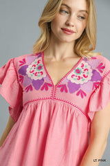 Pink V-Neck Multi Color Embroidery Ruffle Sleeve