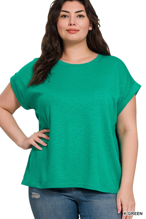 Curvy Relaxed Fit Round Neck Rolled Sleeve Top