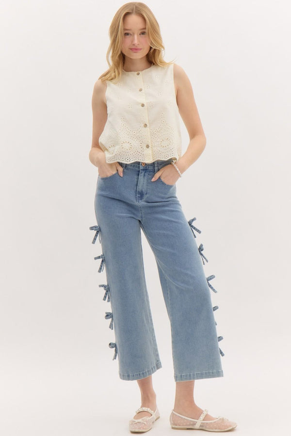 High Waisted Cropped Jeans with Side Bows
