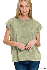 Crinkle Washed Round Neck Rolled Sleeve Tee