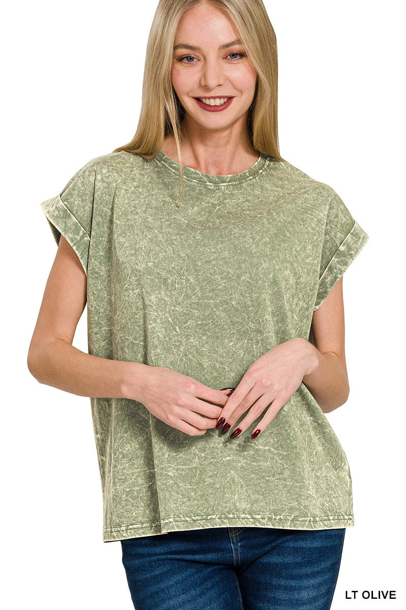 Crinkle Washed Round Neck Rolled Sleeve Tee