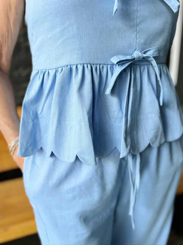 Light Blue Top W/ Bow Ties & Scallop Detail