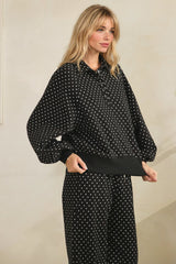 Black Quarter Zip Pullover With Polka Dots