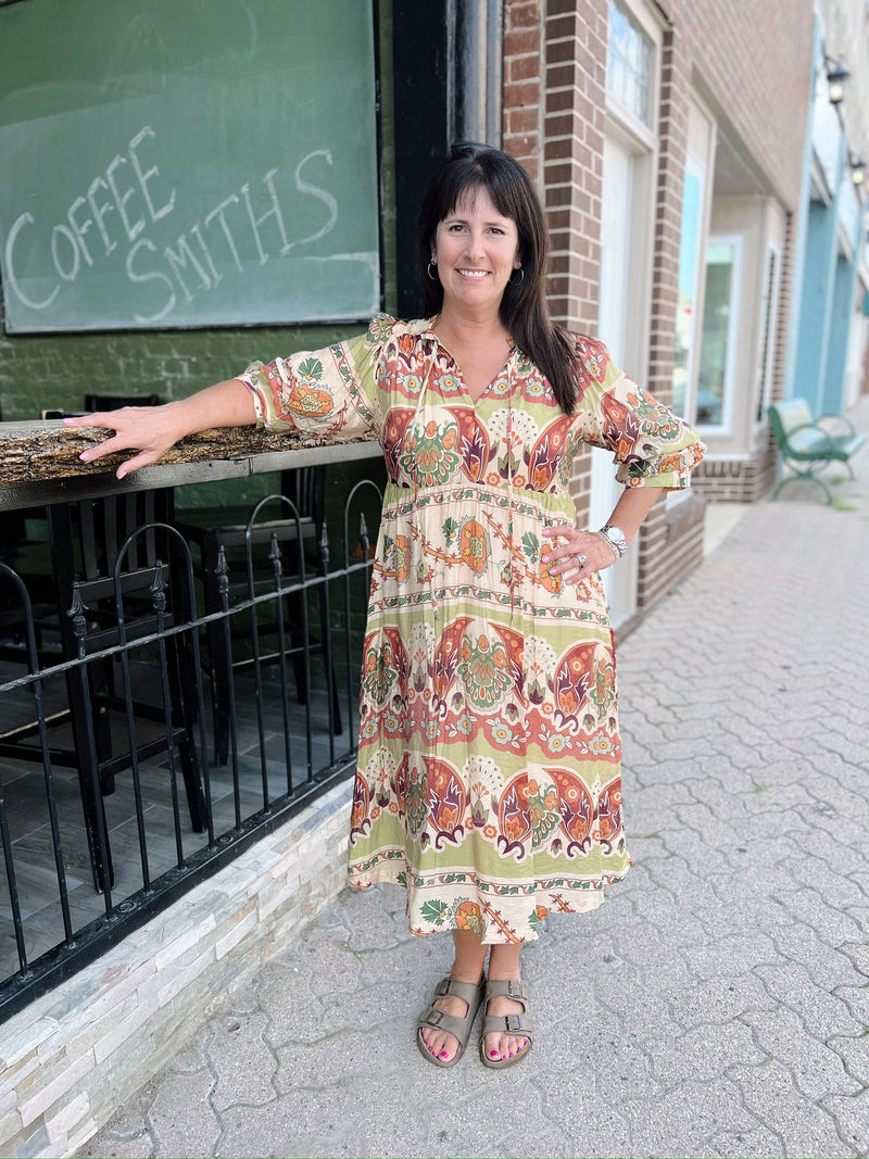 Green Mix Scrunch Sleeve Maxi Dress