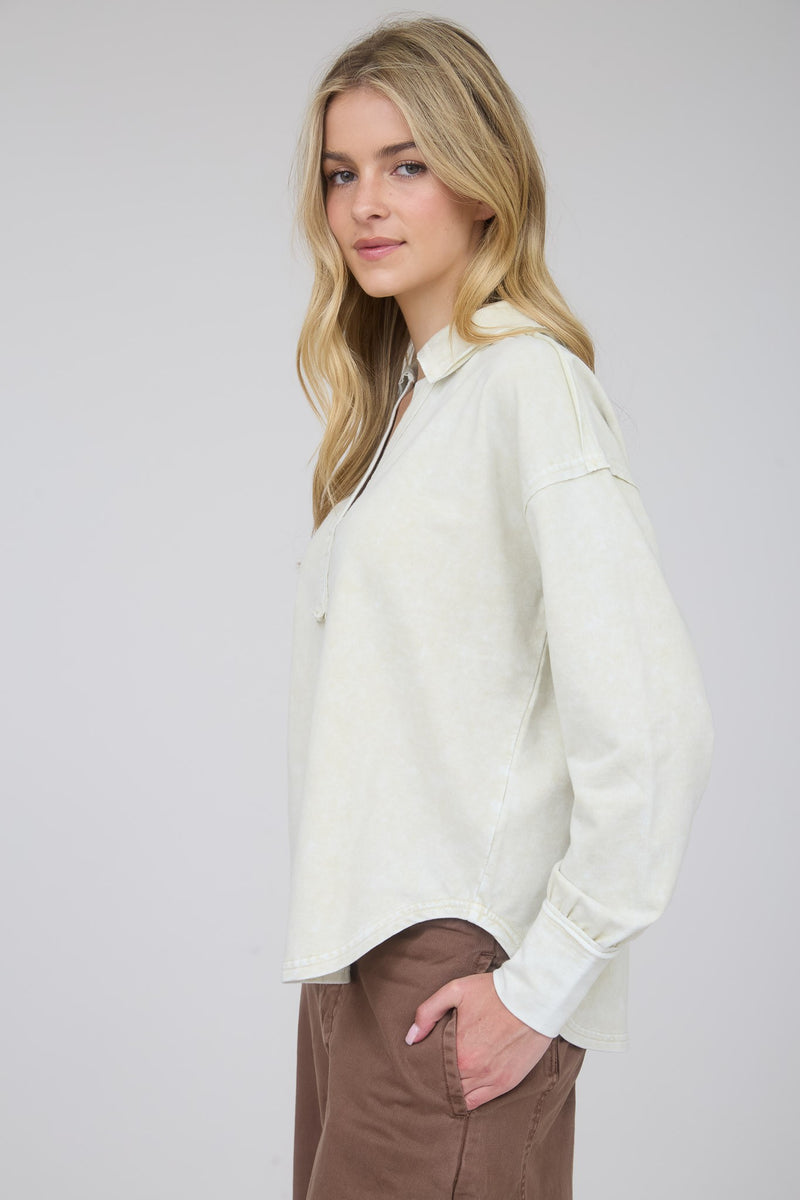 Oatmeal Long Sleeve V Neck Collared Shirt