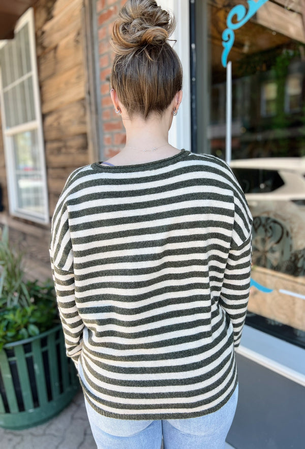 Dark Olive Striped Button Front Cardigan
