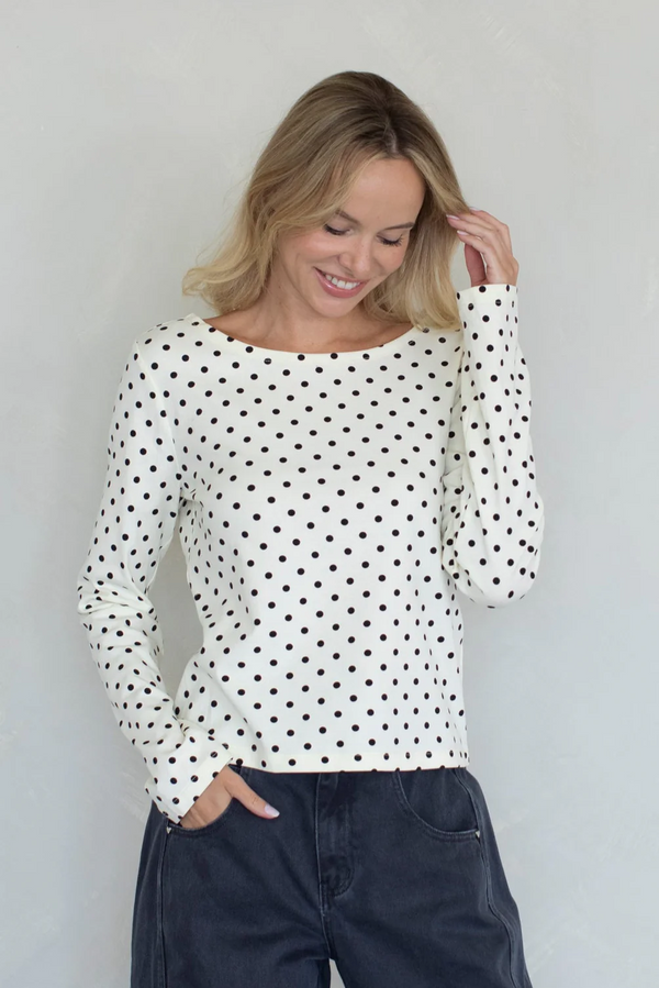 Long Sleeve Boat Neck Polka dot Top