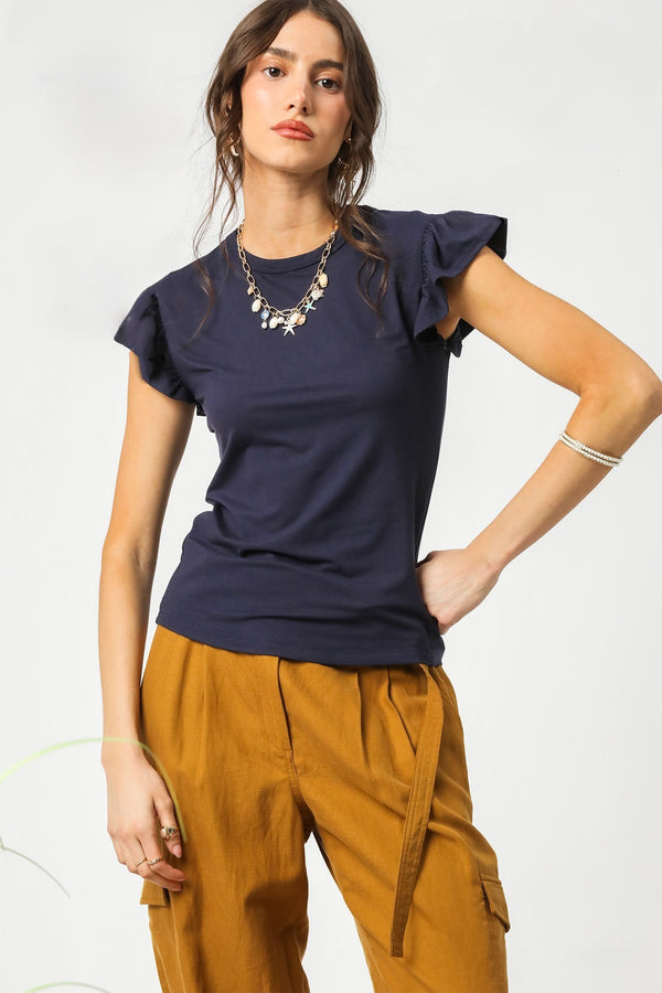 Navy Soft Ruffle Sleeve Tee