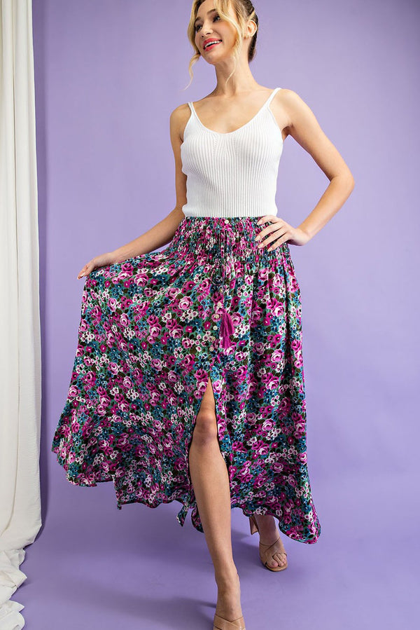 Curvy Green Floral Printed Smocked Waist Maxi Skirt