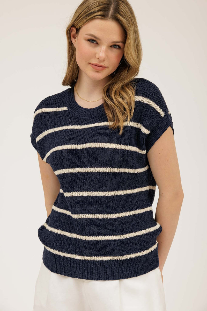Navy Striped Short Sleeve Knit Sweater