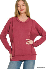 Corded Rib Long Sleeve Round Neck Pullover