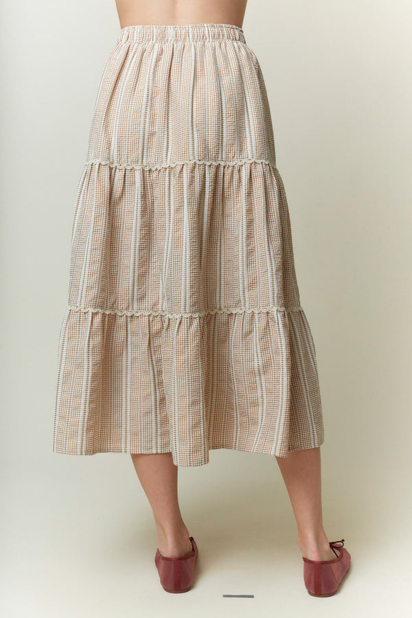 Mocha Gingham Tiered Midi Skirt