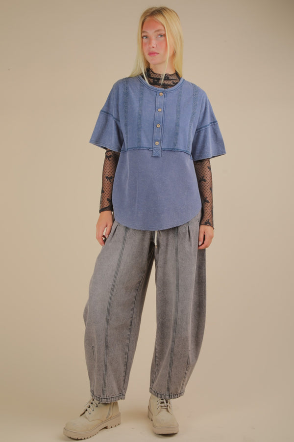 Blue Mineral Wash Top With Front Lace Trim