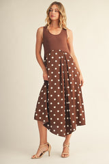 Polka Dot Front Pleat Detail Fabric Mix Dress