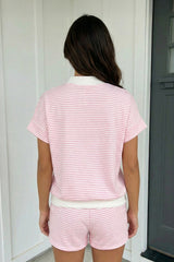 Pink And White Stripe Tee And Drawstring Short Set