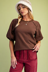 Brown Puff Eyelet Sleeve Top