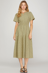 Light Olive Polka Dot Short Sleeve Elastic Waist Dress