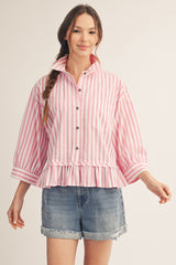 Pink and White Stripe 3/4 Sleeve Pleated Ruffle Hem Top