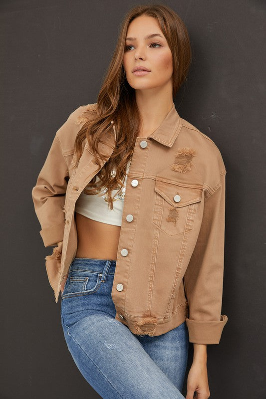 Camel Distressed Denim Jacket