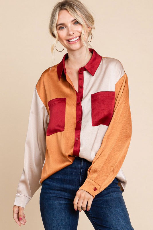 Camel Contrast Textured Satin Top