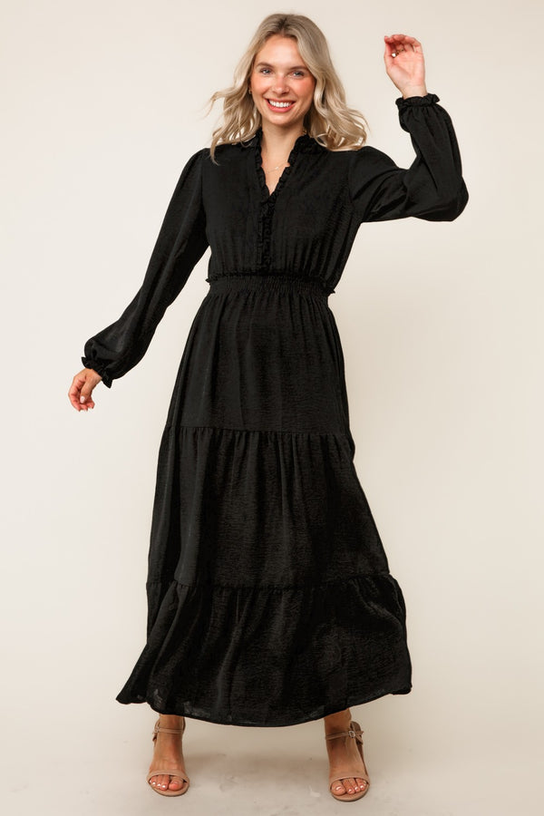 Frilled Smocked Waist Long Sleeve Midi Dress