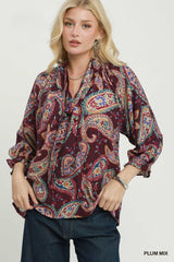 Plum Paisley Print V-neck Top