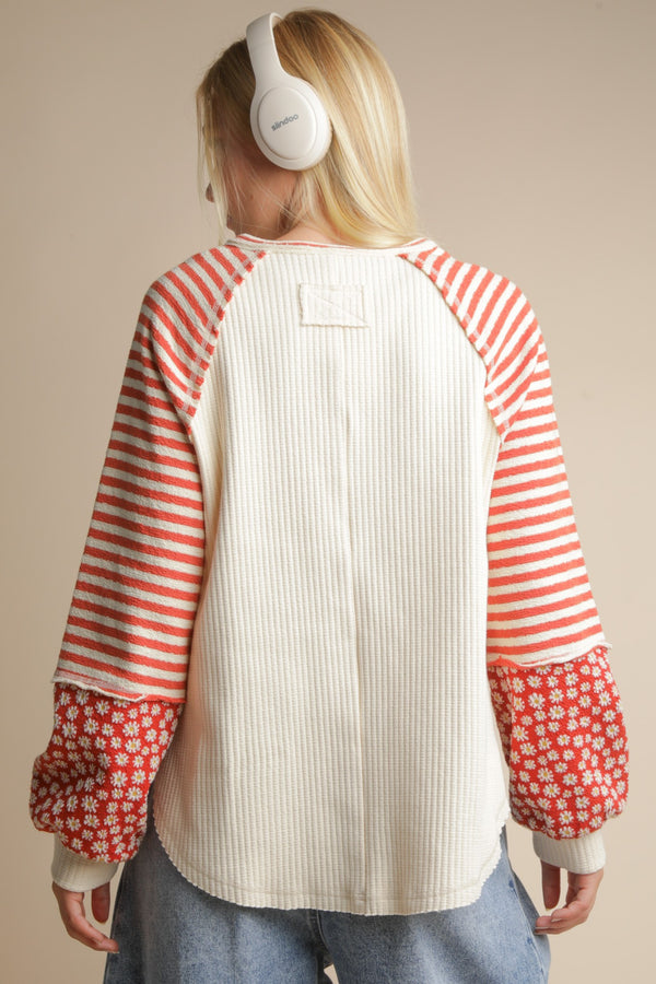 Cream and Rust Oversized Striped Floral Pullover
