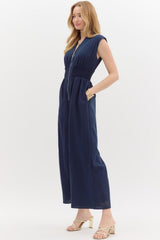 Navy Blue Romper with Zipper & Scrunch Waist