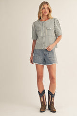 Horse Back Embroidery Button Front Top