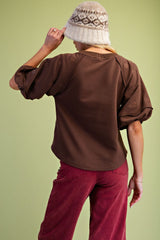 Brown Puff Eyelet Sleeve Top