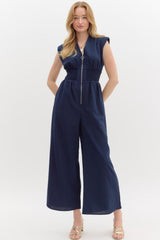 Navy Blue Romper with Zipper & Scrunch Waist