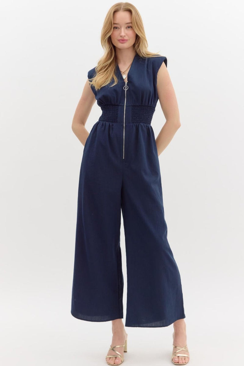 Navy Blue Romper with Zipper & Scrunch Waist