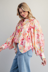 Blush Floral Printed Button Down Top