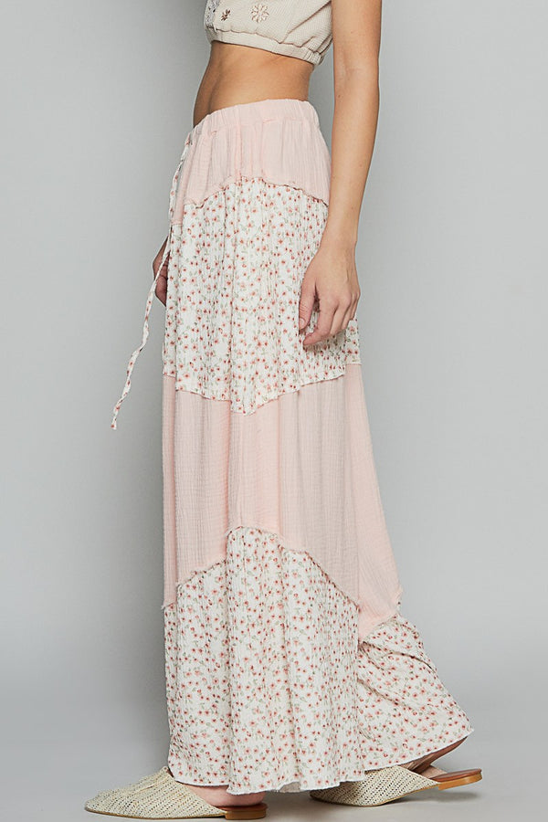 Baby Pink and Floral Colorblock Wide Leg Pants