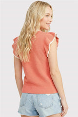 Blanket Stitched Edges Crew Neck Ruffle Sleeve Sweater