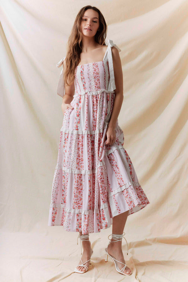 Cotton Poplin Multi Floral Printed Tie Maxi Dress