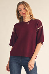 Burgundy Drop Sleeve Whipstitch Trim Sweater
