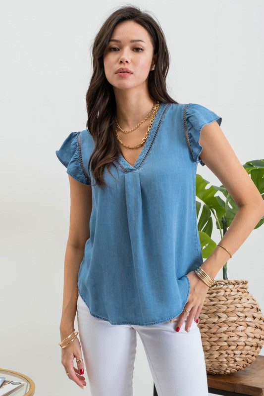Chambray Cap Sleeve Button Back Top