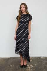 Black Polka Dot Lace Trim Midi Dress