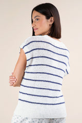 White Short Sleeve Sweater with Blue Stripes