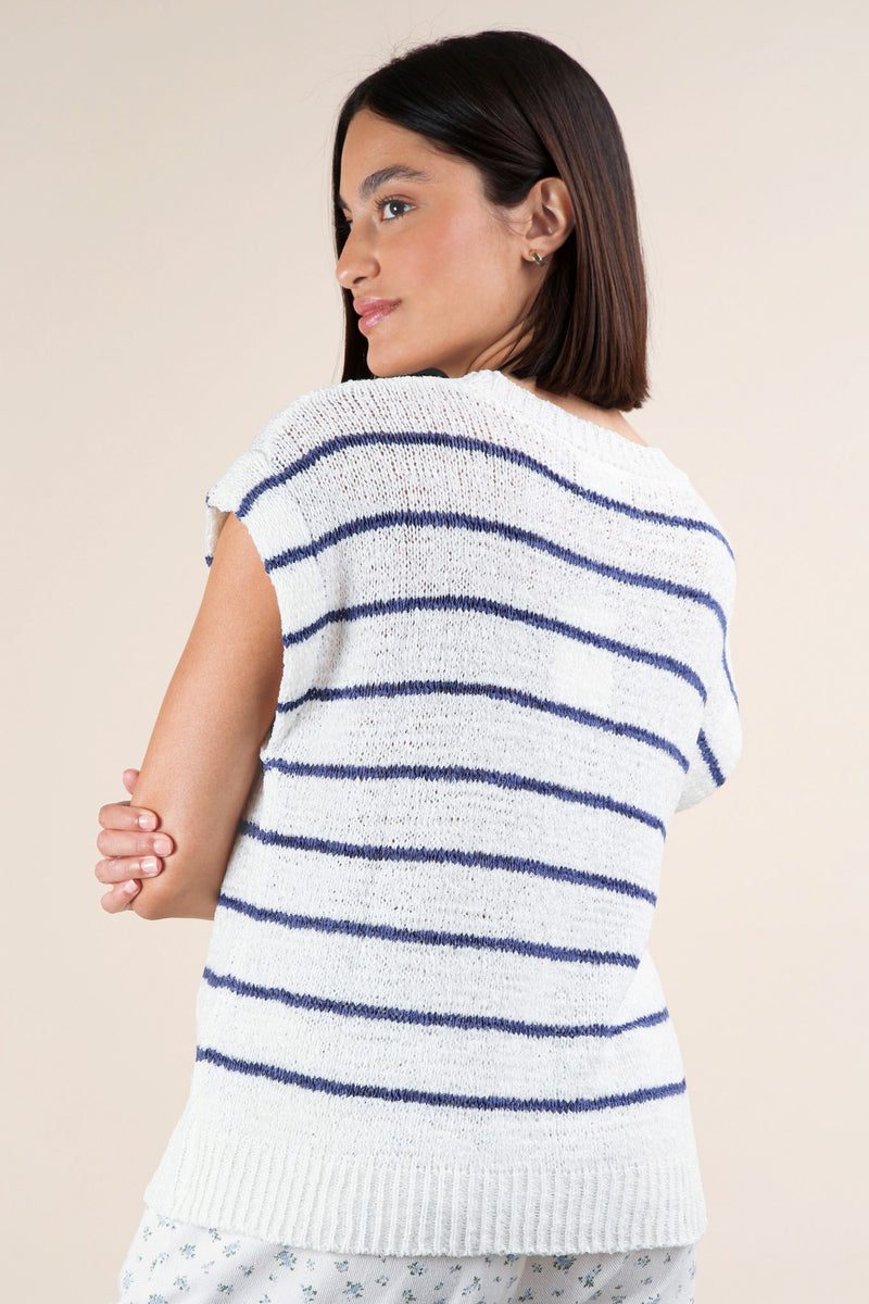 White Short Sleeve Sweater with Blue Stripes