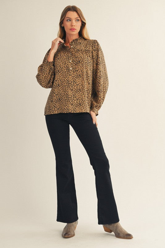 Leopard Long Sleeve Shirt With Ruffle Detail