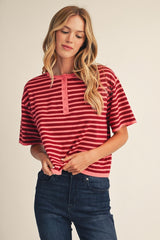 Striped Short Sleeve Front Button Sweater