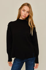 Black Side Slit Hem Mock Neck Sweater