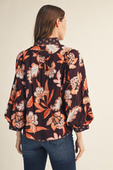 Brown Floral Puff Sleeve Mix Top