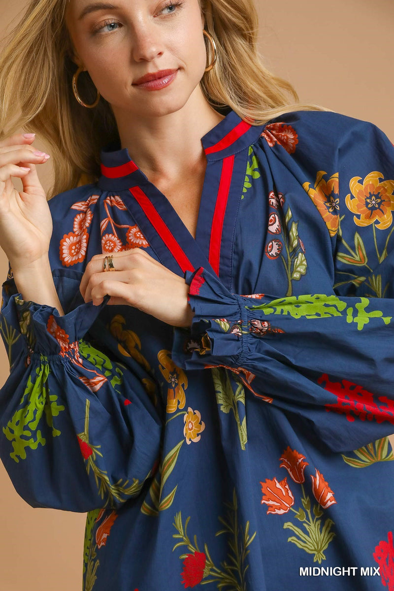 Floral Print V Neck Collar Top
