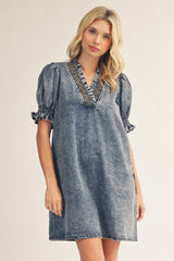 Embroidered Smocked Neck Chambray Dress