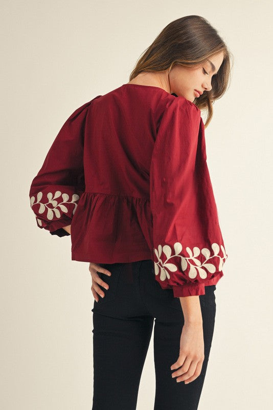 Front Bow Tie Embroidered Peplum Top