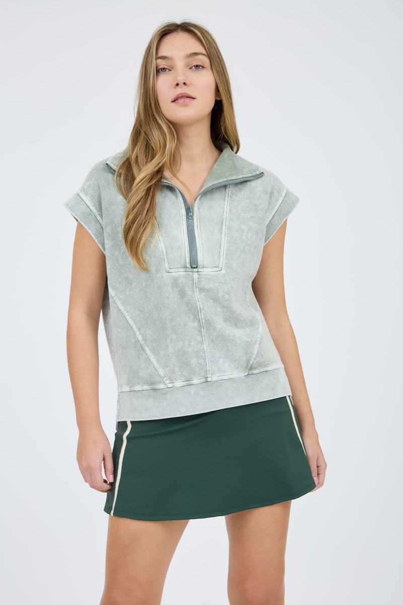 Washed Half Zip Ribbed Sleeveless Top