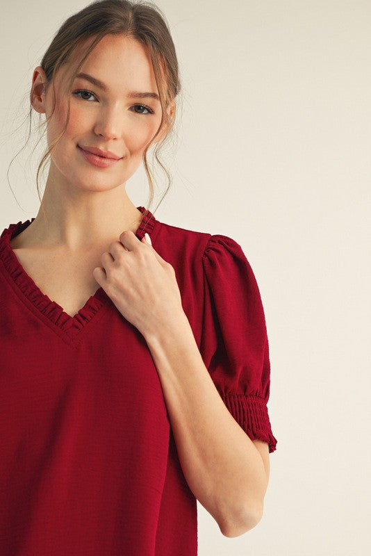 Burgundy Puffed Short Sleeve Top